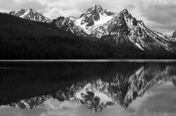 In_tribute_to_Ansel_Adams_McGown_Peak_reflected_on_Stanley_Lake,_Idaho_in_black_and_white